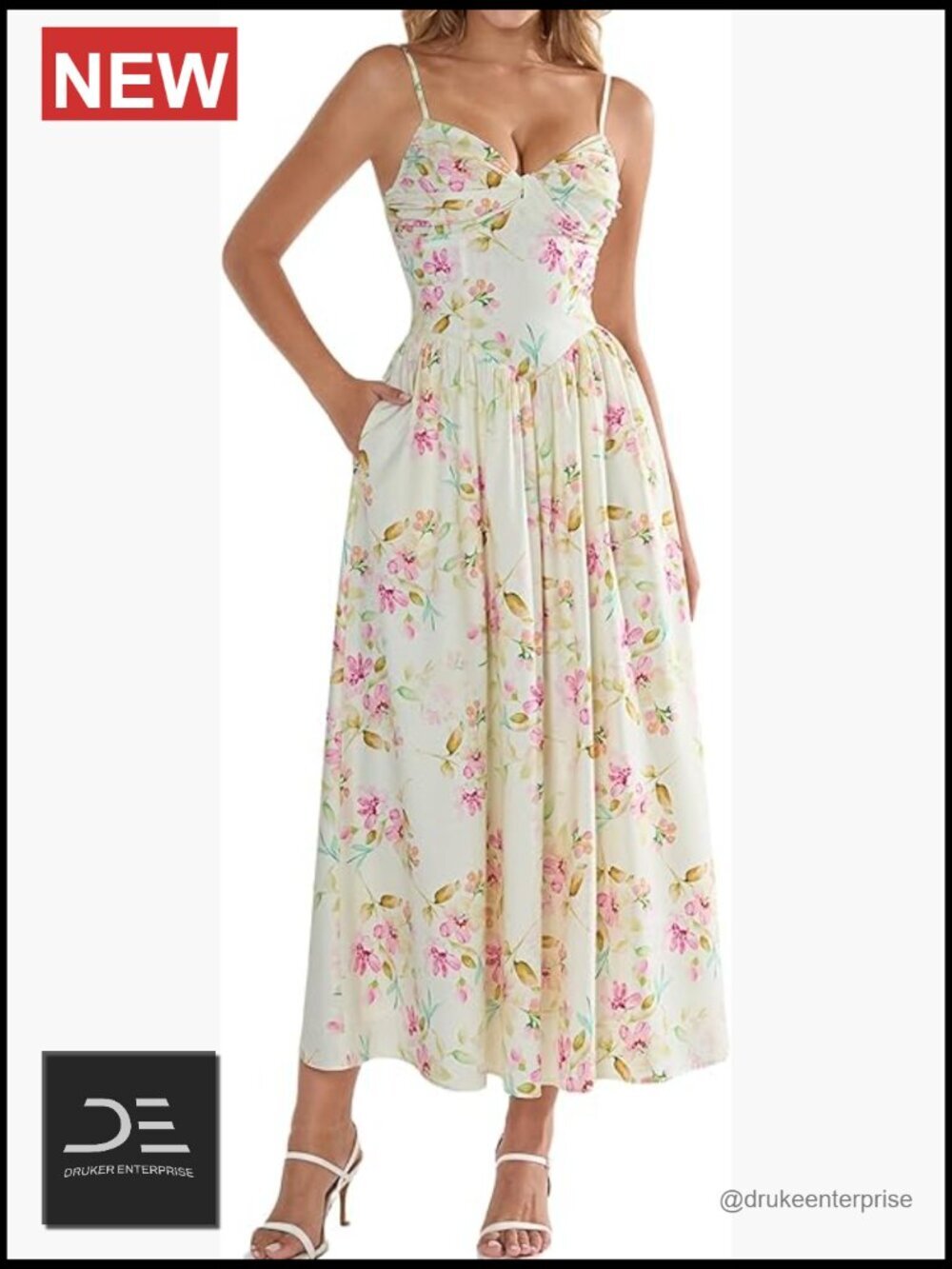 Floral Midi Corset Dress with Pockets - A-Line Sweetheart Neckline